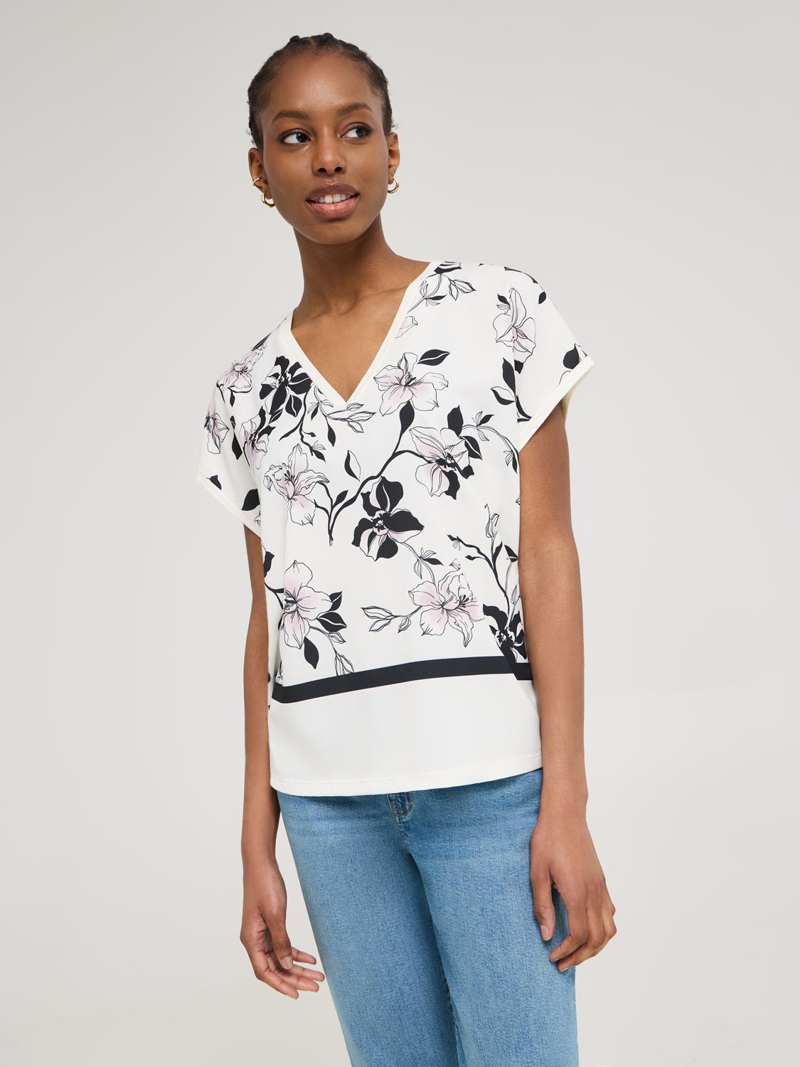Satin Floral Border Print V-Neck Top