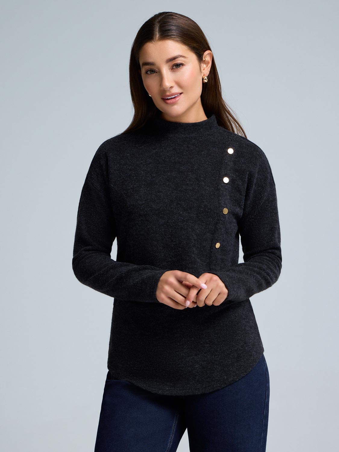 Button Detail Mock Neck Tunic Sweater