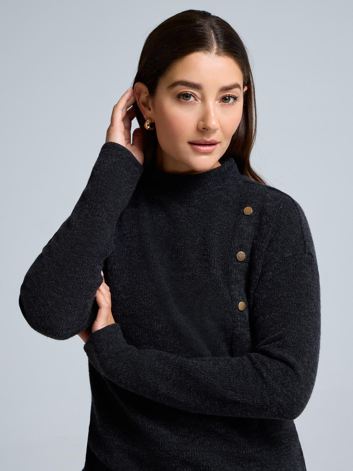 Button Detail Mock Neck Tunic Sweater