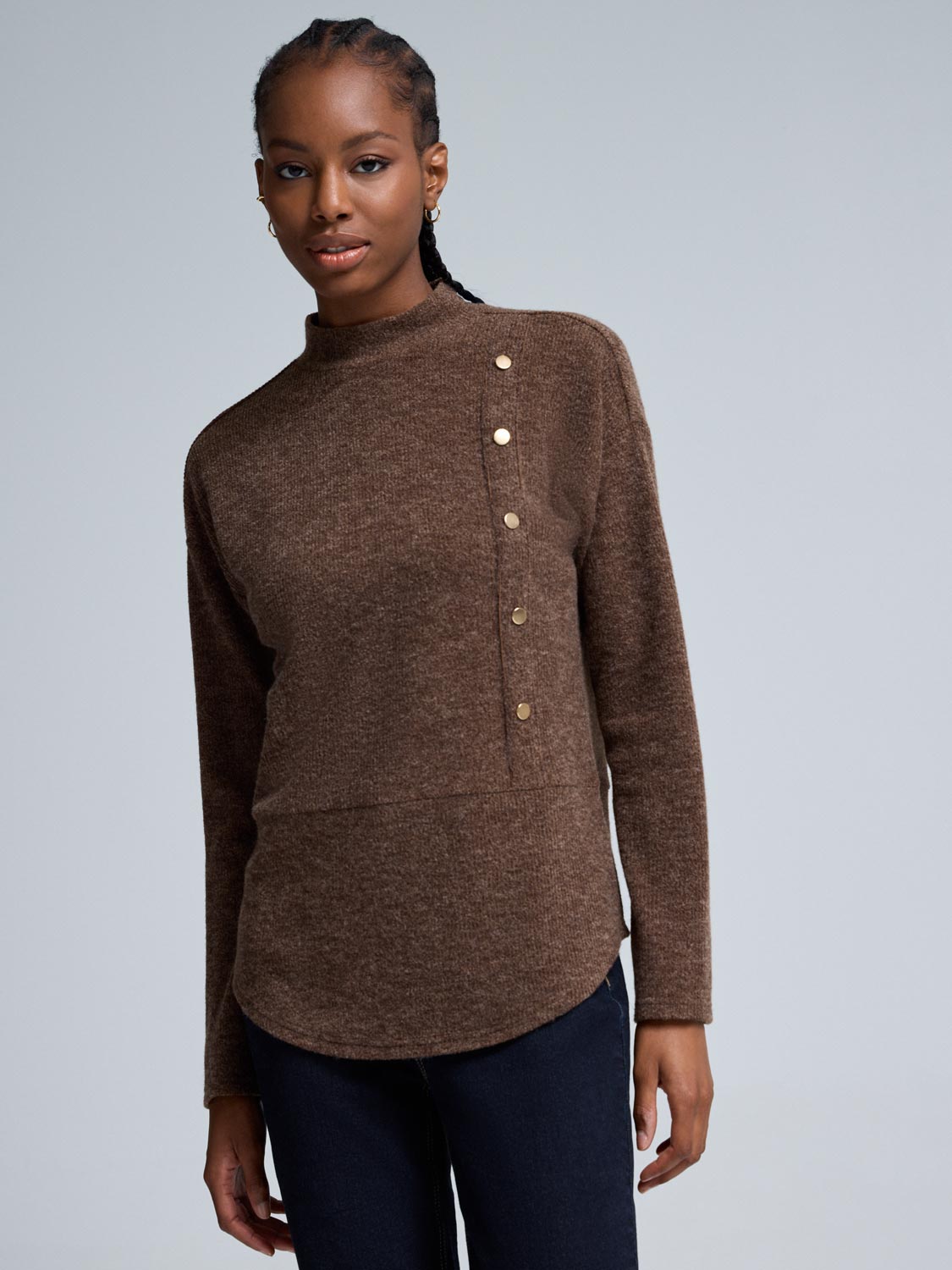 Button Detail Mock Neck Tunic Sweater