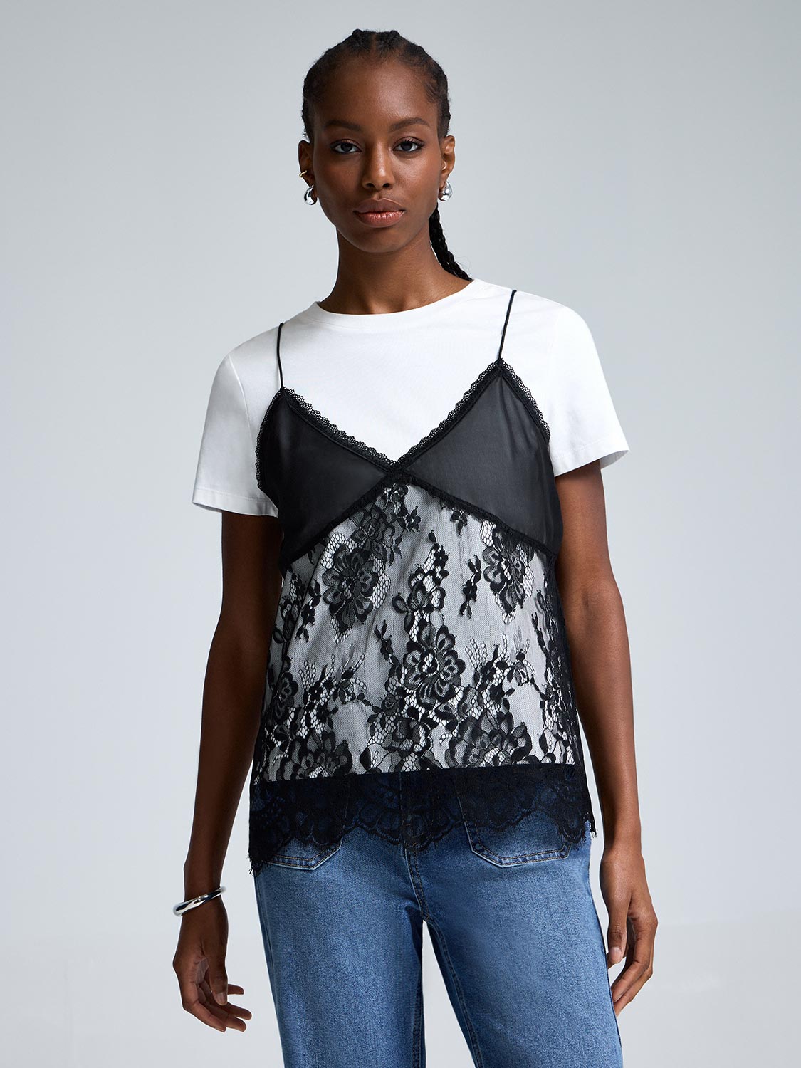 2-Fer T-Shirt With Lace Cami