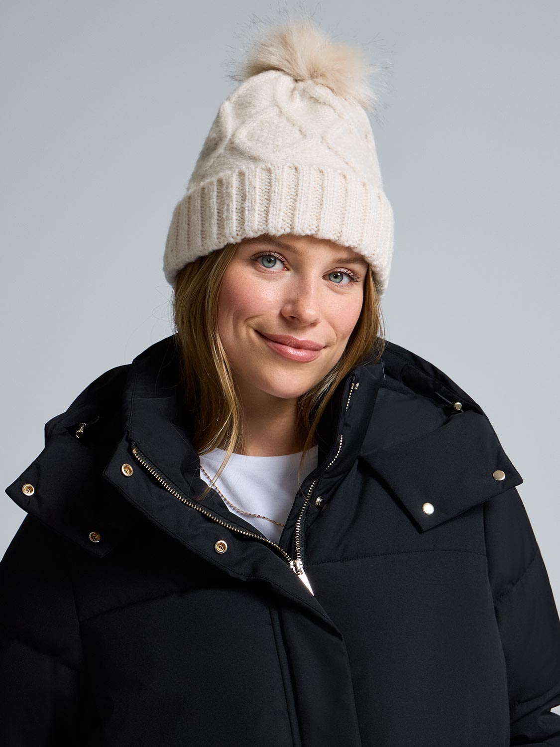 Cable Knit Hat With Faux Fur Pom Pom