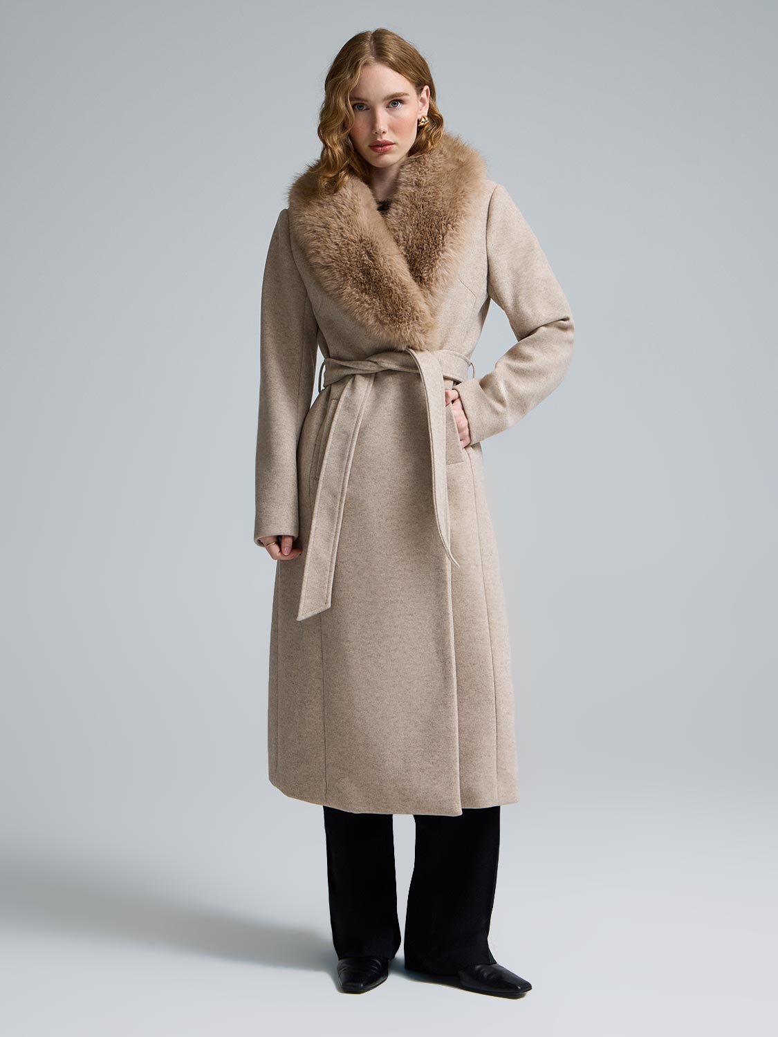 Faux Fur Collar Wrap Coat