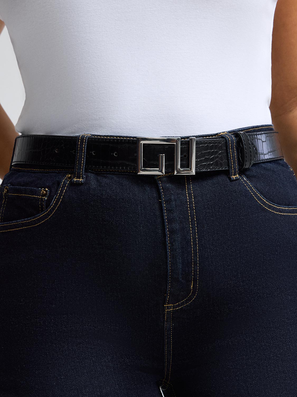 Geometric Buckle Crocodile Belt