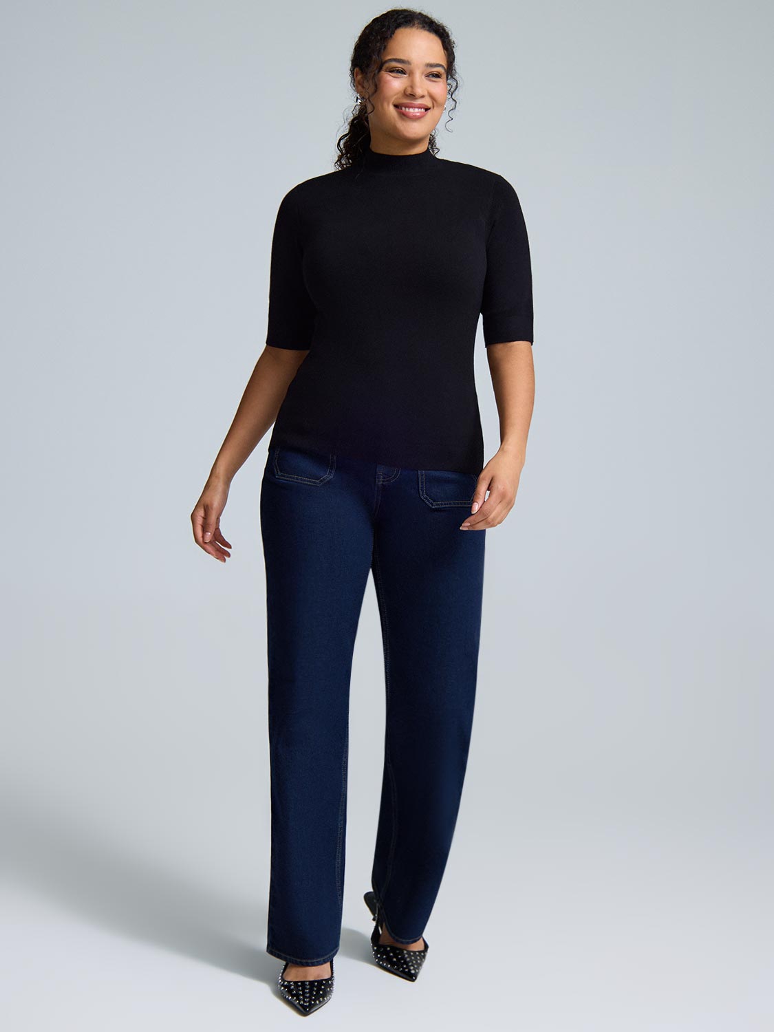 Elbow Sleeve Mock Neck Top