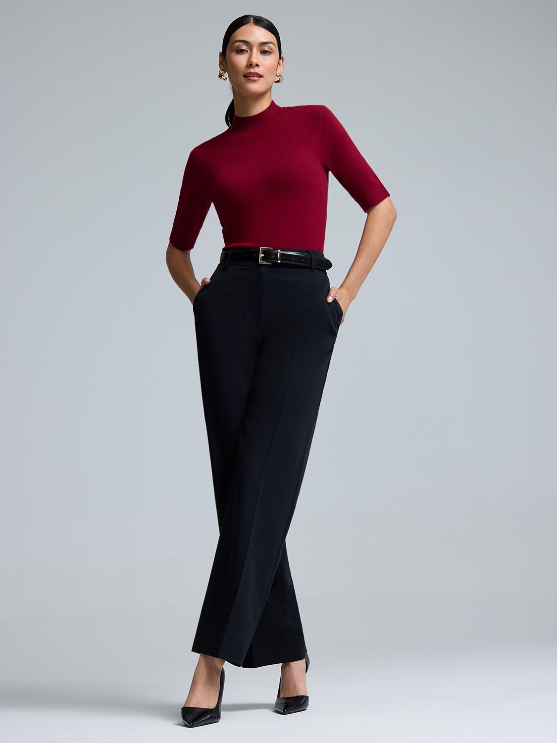 Elbow Sleeve Mock Neck Top