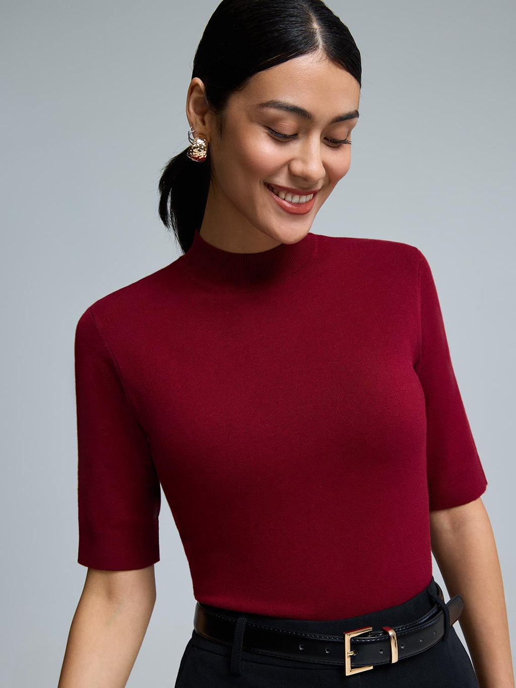 Elbow Sleeve Mock Neck Top