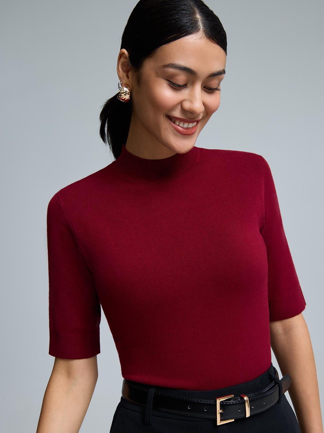 Elbow Sleeve Mock Neck Top