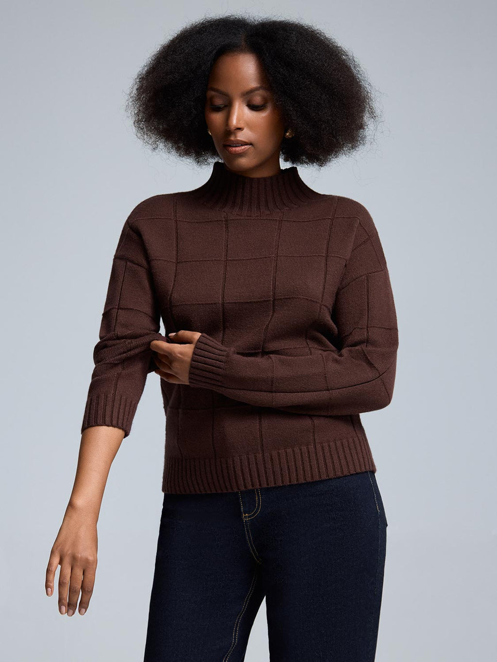 Square Pattern Mock Neck Sweater
