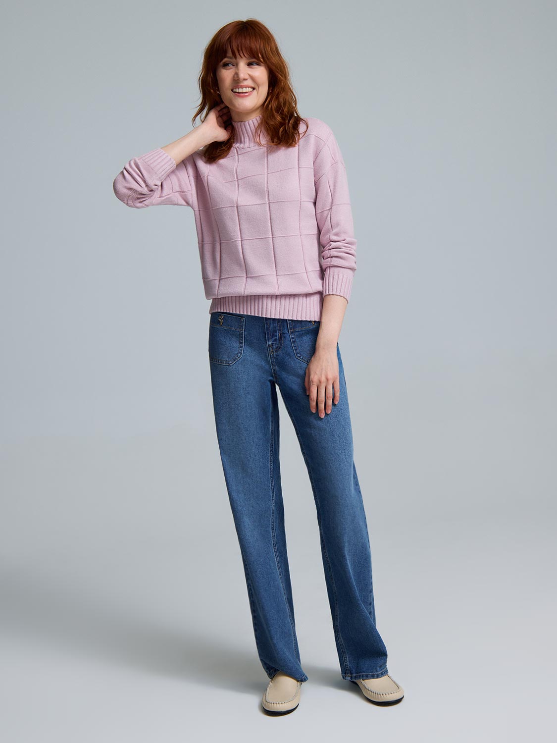 Square Pattern Mock Neck Sweater