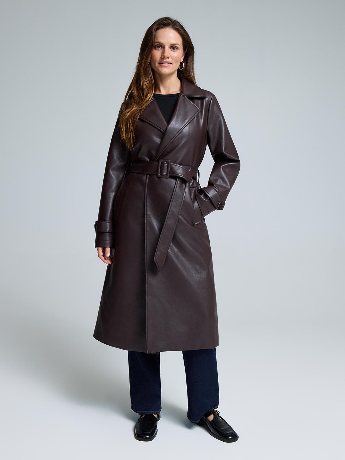 Long Faux Leather Trench Coat