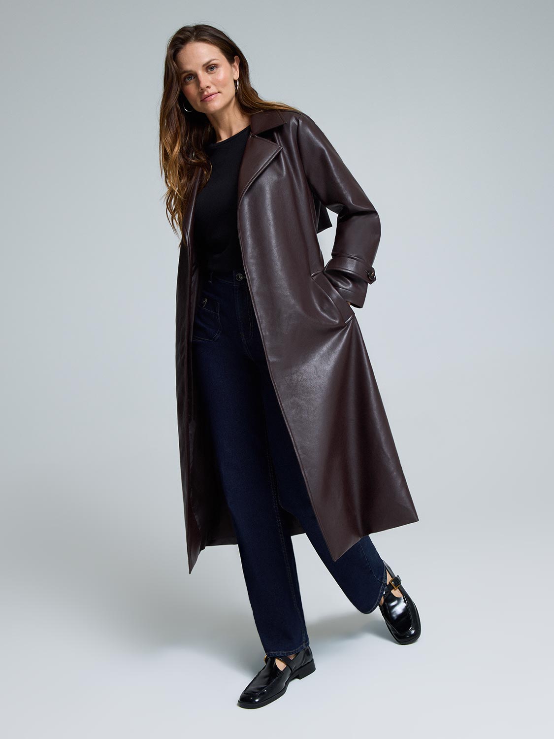 Long Faux Leather Trench Coat